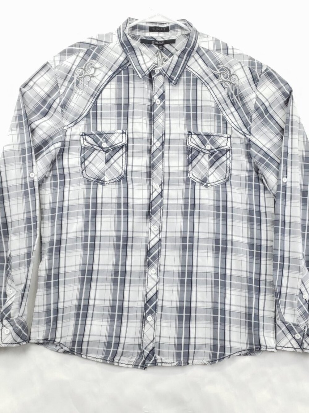 CJ Black Shirt Mens 2XL Gray White Plaid Embroidered Cross Slim Fit Button-Up